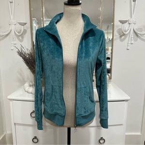 BCBGMaxAzria Teal Velour Zip Up Jacket y2k Sz M Tracksuit Rhinestone